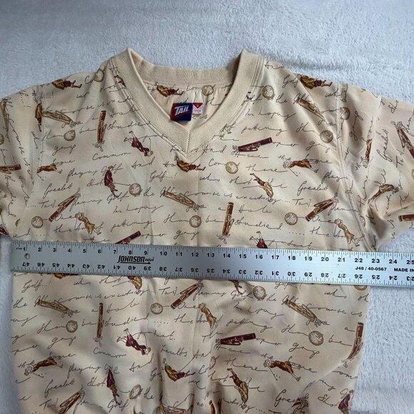 Vintage Tail Men Golf Print V-Neck Sweatshirt Medium Beige Pullover Sporty Retro - Picture 8 of 10